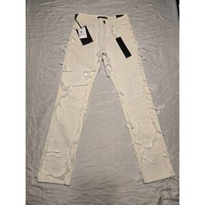 Embellish 28x32 Womens Jeans Cream Distressed Fringe NWT Designer Unique